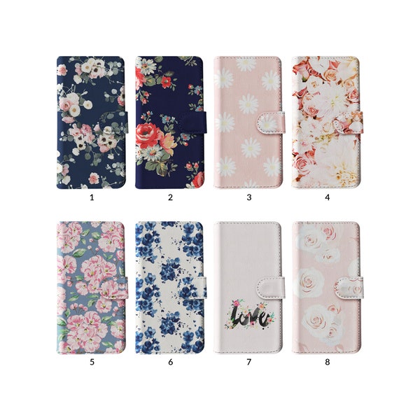 Étui portefeuille à rabat avec porte-cartes pour iPhone 15 14 13 12 11 Samsung S20 S10 S9 Rose marguerite vintage fleurs bleues bouquets