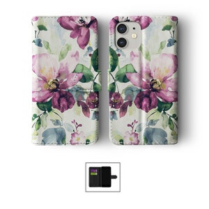 Wallet Flip Phone Case with Card Holder for iPhone 15 14 13 12 11 Samsung S20 S10 S9 Floral Colourful Flowers Rose Poppy Watercolour Blossom 01