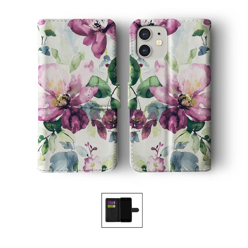 Étui portefeuille à rabat avec porte-cartes pour iPhone 15 14 13 12 11 Samsung S20 S10 S9 Floral fleurs colorées rose coquelicot aquarelle fleur 01