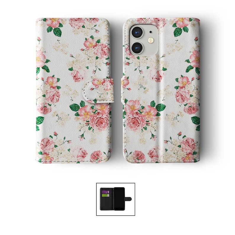 Étui portefeuille pour téléphone à rabat avec porte-cartes pour iPhone 15 14 13 12 11 Samsung S20 S10 S9 Shabby Chic Floral Polka vintage English Roses Stripes 03