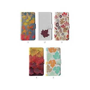 Funda tipo cartera con tarjetero para iPhone 15, 14, 13, 12 y 11 SE, Samsung S20 y S10, diseño de hojas otoñales con degradado naranja.