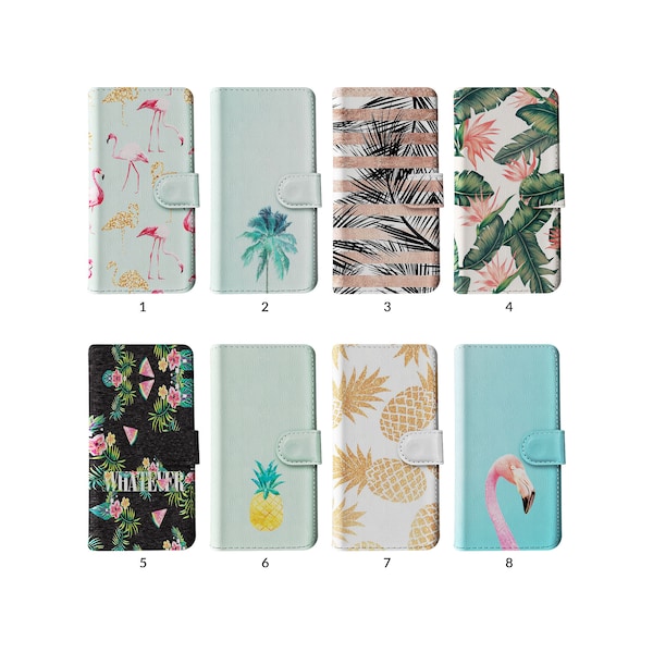 Wallet Flip Phone Case with Card Holder for iPhone 15 14 13 12 11 Samsung S20 S10 Flamingo Palms Pineapple Tropical Summer Paradise