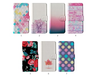 Étui portefeuille à rabat avec porte-cartes pour iPhone 15 14 13 12 11 Samsung S20 S10 S9 roses éléphant écailles colorées pois violet
