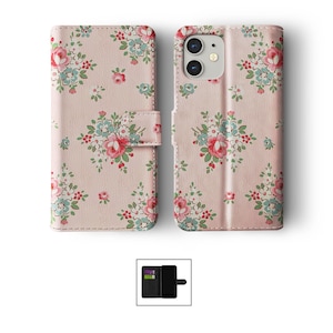 Étui portefeuille pour téléphone à rabat avec porte-cartes pour iPhone 15 14 13 12 11 Samsung S20 S10 S9 Shabby Chic Floral Polka vintage English Roses Stripes 05