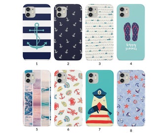 Funda rígida para iPhone 15, 14, 13, 12, 11, XS, XR, SE, 7, 8, 6S, 5, Samsung S20, S10, S8, ancla, mar, playa, azul marino, verano, playa