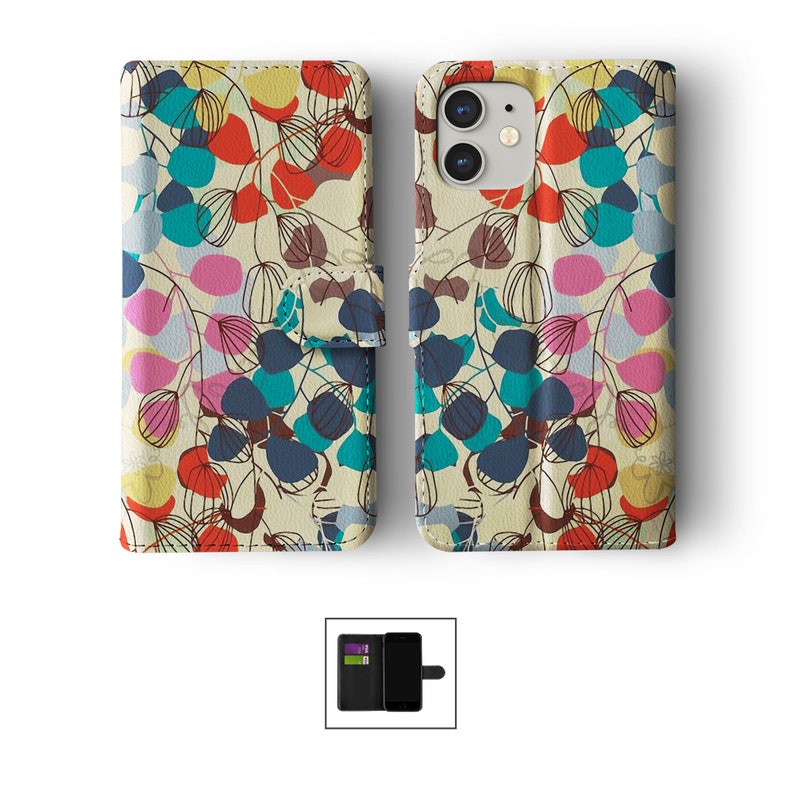 Étui portefeuille à rabat avec porte-cartes pour iPhone 14 13 12 11 Samsung S20 S10 S9 Feuilles d'automne colorées Feuilles d'automne rouges 06