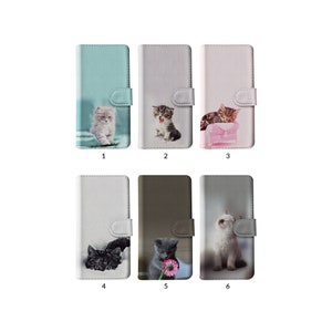 Capa tipo carteira com flip e porta-cartões para iPhone 15, 14, 13, 12, 11 XR 8 SE, Samsung S20, S10, S9, S8, animal de estimação fofo e adorável, gatinho, gato