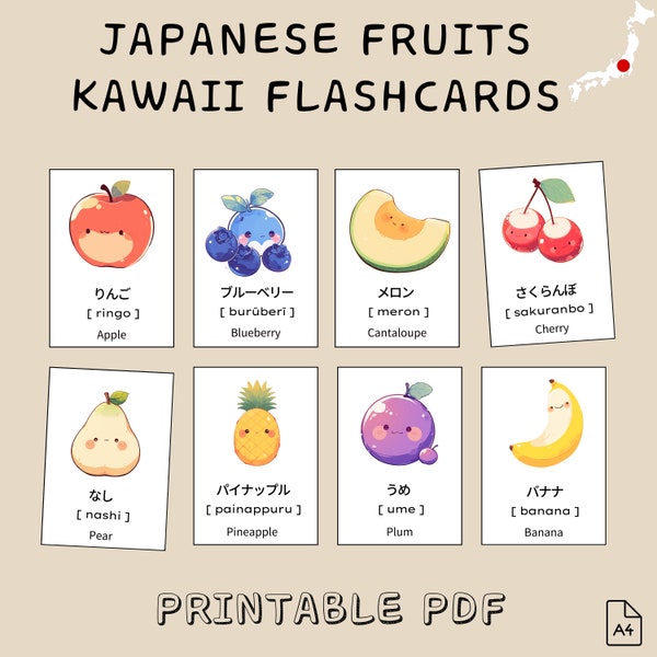 Japanese Kawaii Fruit Flashcards, Hiragana Katakana, Learn Japanese, Printable Cards, Language Learning Cards, Learn Japanese Language