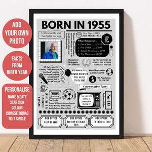 Cadeau personnalisé pour 70e anniversaire | Affiche anniversaire 1955 avec photo | Cadeau d'étape personnalisé pour lui ou elle, né en 1955