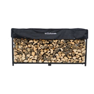 The Woodhaven 8ft Black Firewood Rack With Cover - Made In USA - Outdoor Log Rack With Seasoning Cover - Metal Log Rack - Firewood Storage