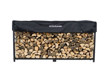 The Woodhaven 8ft Black Firewood Rack With Cover - Made In USA - Outdoor Log Rack With Seasoning Cover - Metal Log Rack - Firewood Storage