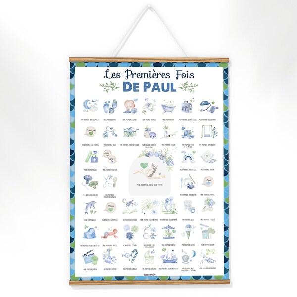 Affiche personnalisable « les premières fois bébé » - Un poster naissance à tamponner garçon et fille - cadeau personnalisé au prénom - A3