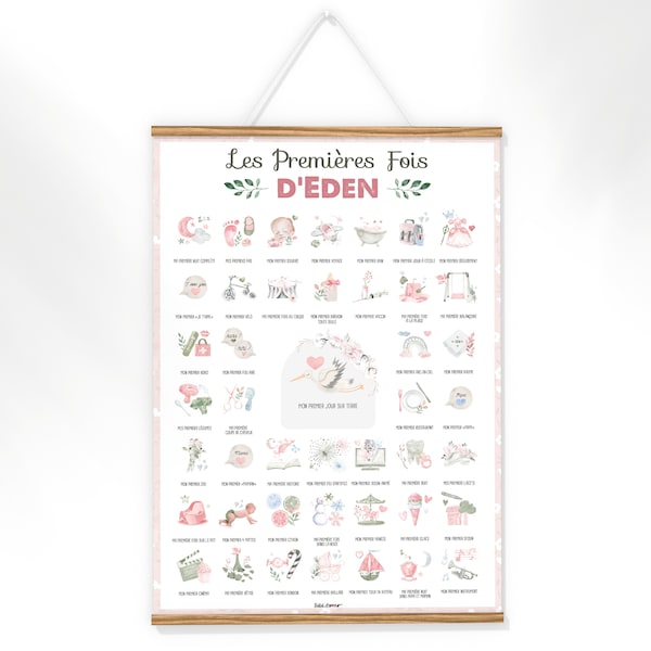 Affiche personnalisable « les premières fois bébé » - Un poster naissance à tamponner fille - cadeau de naissance personnalisé au prénom A3