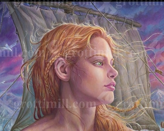 May include: A painting depicting a mermaid with red hair and a green scaled tail, seated on a rock in the sea. A Viking longship sails in the background beneath a sunset sky. A gold compass hangs from her wrist.