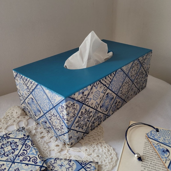 rechthoekige tissuebox hoes Houten tissuebox Azulejo. patchwork servethouder Decoratieve doos voor tissues Blauwe tegelsdoos, Azulejos tegels