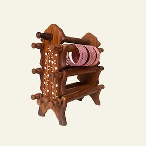 Handcrafted Wooden Bangle Holder: Indian Floral Jewelry Organizer, 8 Rod Design