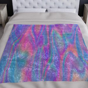Iridescent Holographic Rainbow Blanket, Crushed Velvet Gradient Throw in Purple Blue and Hot Pink, Cozy Trendy Home Gift, Unique Gift