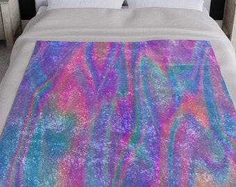 Iridescent Holographic Rainbow Blanket, Crushed Velvet Gradient Throw in Purple Blue and Hot Pink, Cozy Trendy Home Gift, Unique Gift
