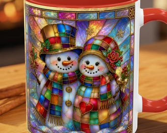 Snowman Couple Mug, Stained Glass Christmas Mug, Snowman Coffee Cup, Colorful Christmas Gift, Snowman Lovers Gift, Holiday Decor Mug