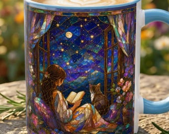 Boho Girl Reading with Cat Mug, Night Sky Star Moon Cat Mug, Stained Glass Celestial Bookish Coffee Cup, Gift for Women, Reader Student Gift