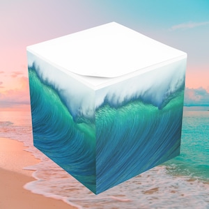Ocean Waves Note Cube, Coastal Desk Decor, Blue Green Translucent-Styled Artwork Sticky Notes, Beach Lover Gift, Aesthetic Office Supplies