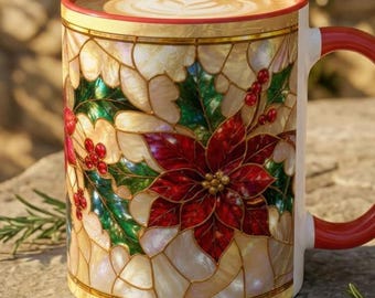 Christmas Holly Poinsettia Mug, Stained Glass Style Christmas Mug, Floral Holiday Coffee Cup, Christmas Gift, Colorful Holiday Decor Mug