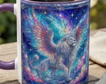Winged Lion Mug, Stained Glass Lion of Judah Coffee Cup, Lion Lovers Gift, Heavenly Art, Iridescent Lion King Coffee Mug, Celestial Lion Art
