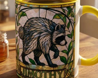 Jimothy Raccoon Mug, Funny Viral Raccoon Coffee Cup, Stained Glass Animal Mug, Seattle Raccoon Gift, Cute Wildlife Mug