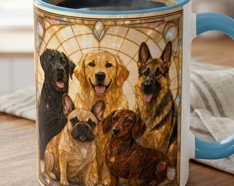 Dog Mug, Stained Glass Dog Coffee Cup, Five Dog Breeds, Dog Lover Gift, Dog Mom Mug, Cute Dog Art, Fun Cottagecore Puppy Mug