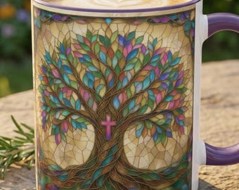 Christian Tree of Life Mug, Cross Coffee Cup, Stained Glass Style Christian Mug, Colorful Iridescent Nature Gift, Christian Gift for Women