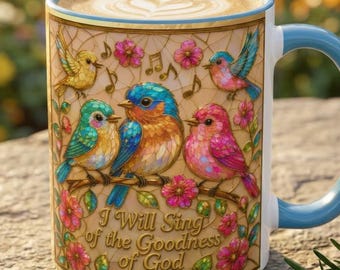 Goodness of God Mug, Psalm 89:1 Stained Glass Style Cute Bird Mug, Christian Women's Tea Cup, Scripture Verse Gifts, Bird Lover Coffee Mug