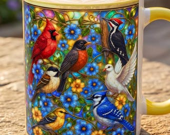 Stained Glass Style Bird Mug, Backyard Bird Coffee Cup, Cardinal Blue Jay Robin Dove Goldfinch Gift, Floral Bird Lover Coffee Mug for Women