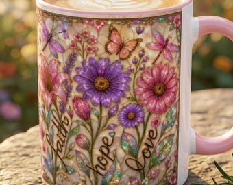 Faith Hope Love Mug, Christian Floral Mug, Stained Glass Coffee Cup, Inspirational Gift, Encouragement Mug, Cottagecore Mug, Christian Gift