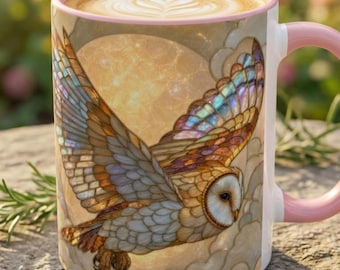 Barn Owl Mug, Stained Glass Style Flying Owl Coffee Cup, Owl Moon Mug, Iridescent Art, Full Moon Night Sky Mug, Owl Lover Gifts