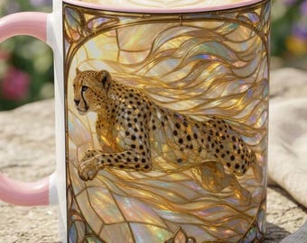 Cheetah 'Running Like The Wind' Stained Glass Mug, Runner Mug, Big Cat Lover Coffee Cup, Iridescent Wildlife Safari Animal Gift, Nature Mug