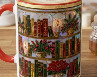 Christmas Bookshelf Mug, Stained Glass Style Book Lover Mug, Bookish Christmas Coffee Cup, Reader Gift, Colorful Holiday Mug Christmas Decor