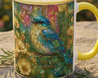 Bluebird Mug, Stained Glass Style Floral Bird Coffee Cup, Birdwatcher Gifts, Pastel Art Cottagecore Mug, Bird Lover Mug, Garden Lover Gift