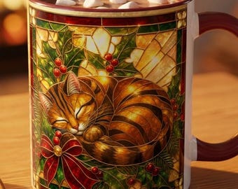 Sleeping Cat Christmas Mug, Stained Glass Cat Mug, Tabby Cat Coffee Cup, Christmas Cat Lover Gift, Holly Berry Mug, Holiday Cat Decor