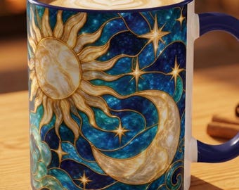 Stained Glass Celestial Moon Sun Mug, Boho Night Sky Coffee Mug, Lunar Solar Galaxy Cup, Cosmic Space Art Gift for Women, Dreamy Aesthetic