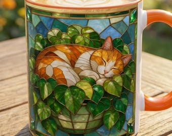 Orange Cat Mug, Stained Glass Style Cat Coffee Cup, Sleeping Cat Art, Cottagecore Cat Gift, Cute Cat Mug, Cat Lover Gifts, Cat Kitchen Decor