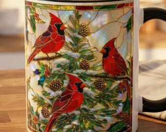 Cardinal Christmas Mug, Stained Glass Bird Mug, Red Cardinal Coffee Cup, Snowy Pinecone Mug, Christmas Bird Lover Gift, Winter Mug