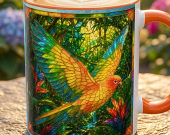 Sun Conure Mug, Stained Glass Parrot Coffee Cup, Iridescent Conure Art, Flying Bird, Tropical Coffee Mug, Conure Mom Gift, Bird Lover Gifts