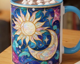 Stained Glass Celestial Moon Sun Mug, Boho Night Sky Coffee Mug, Lunar Solar Galaxy Cup, Cosmic Space Art Gift for Women, Dreamy Aesthetic