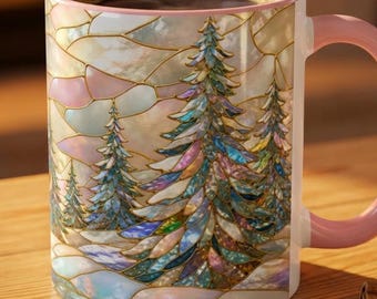 Winter Fir Trees Mug, Stained Glass Christmas Mug, Snowy Forest Coffee Cup, Pine Tree Scene Gift, Cottagecore Christmas Gift, Iridescent Mug