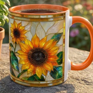 May include: A ceramic mug featuring a stained glass style sunflower pattern with vibrant yellow petals and green leaves. The mug has a bright orange handle and rim, and it contains a dark liquid with visible steam rising from the top opening.