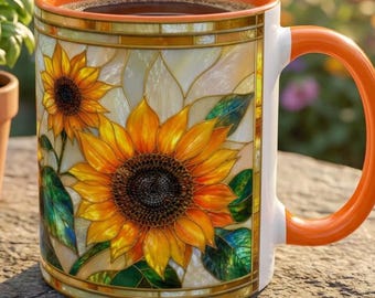Stained Glass Sunflower Mug, Golden Shimmer Floral Coffee Cup, Beautiful Sunflower Gift for Mom, Sunflower Gifts For Women, Flower Tea Cup