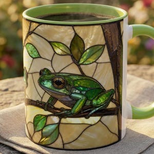 May include: A ceramic mug featuring a stained glass style design of a green frog perched on a branch. The mug has a light green handle and rim, and the exterior surface displays a pattern of beige and green glass segments with dark outlines.