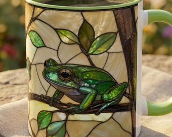Green Tree Frog Mug, Stained Glass Frog Coffee Cup, Three Frogs on Tree Branches, Whimsical Boho Nature Mug, Tropical Amphibian Gift