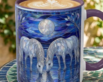 Stained Glass Style Horses In Moonlight Mug, White Horses Lake Nature Coffee Cup, Iridescent Blue Horse Art, Western Mugs, Horse Lover Gifts