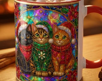 Christmas Cat Mug, Stained Glass Cat Coffee Cup, Cat Lover Christmas Gift, Vintage Style Cat Mug, Holiday Decor Mug, Christmas Gift